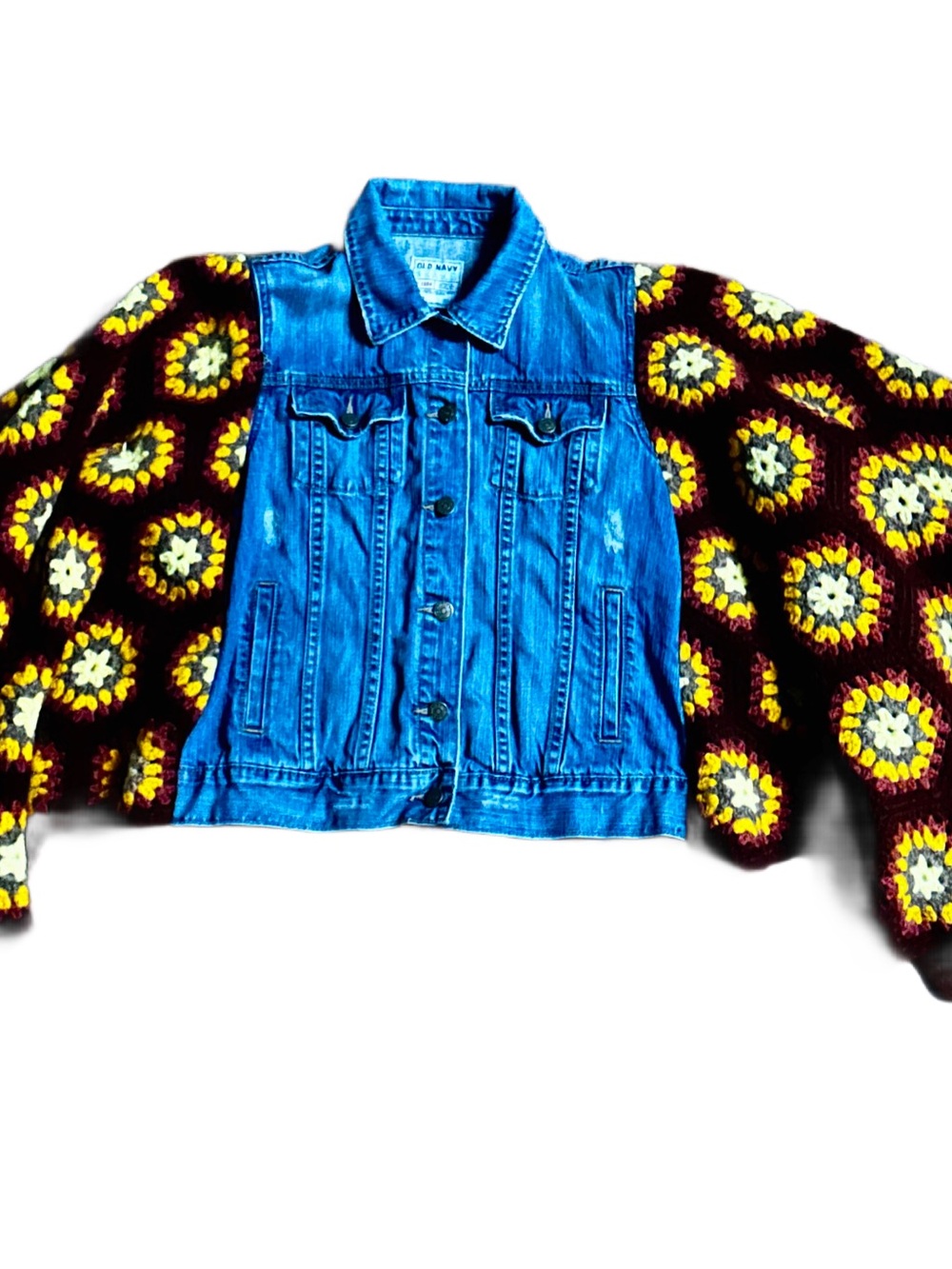 Old Navy Denim Blue W/ Handmade Crochet ~ (Orange/ Yellow/ Fall ~ Poncho ~Medium